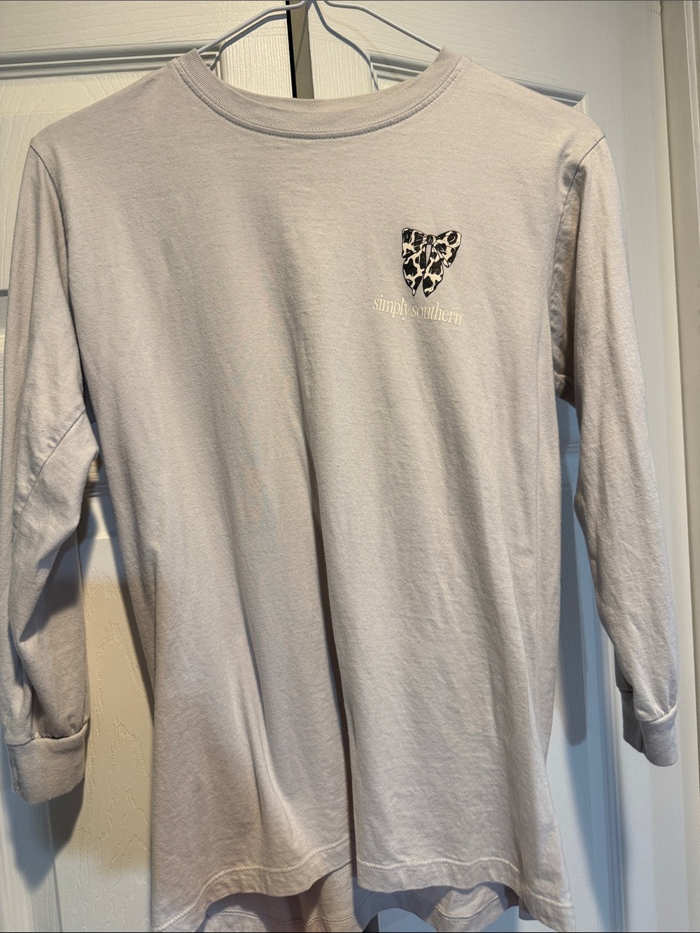 Simply Southern Light Gray Long Sleeve Tee with Cute Cow Print